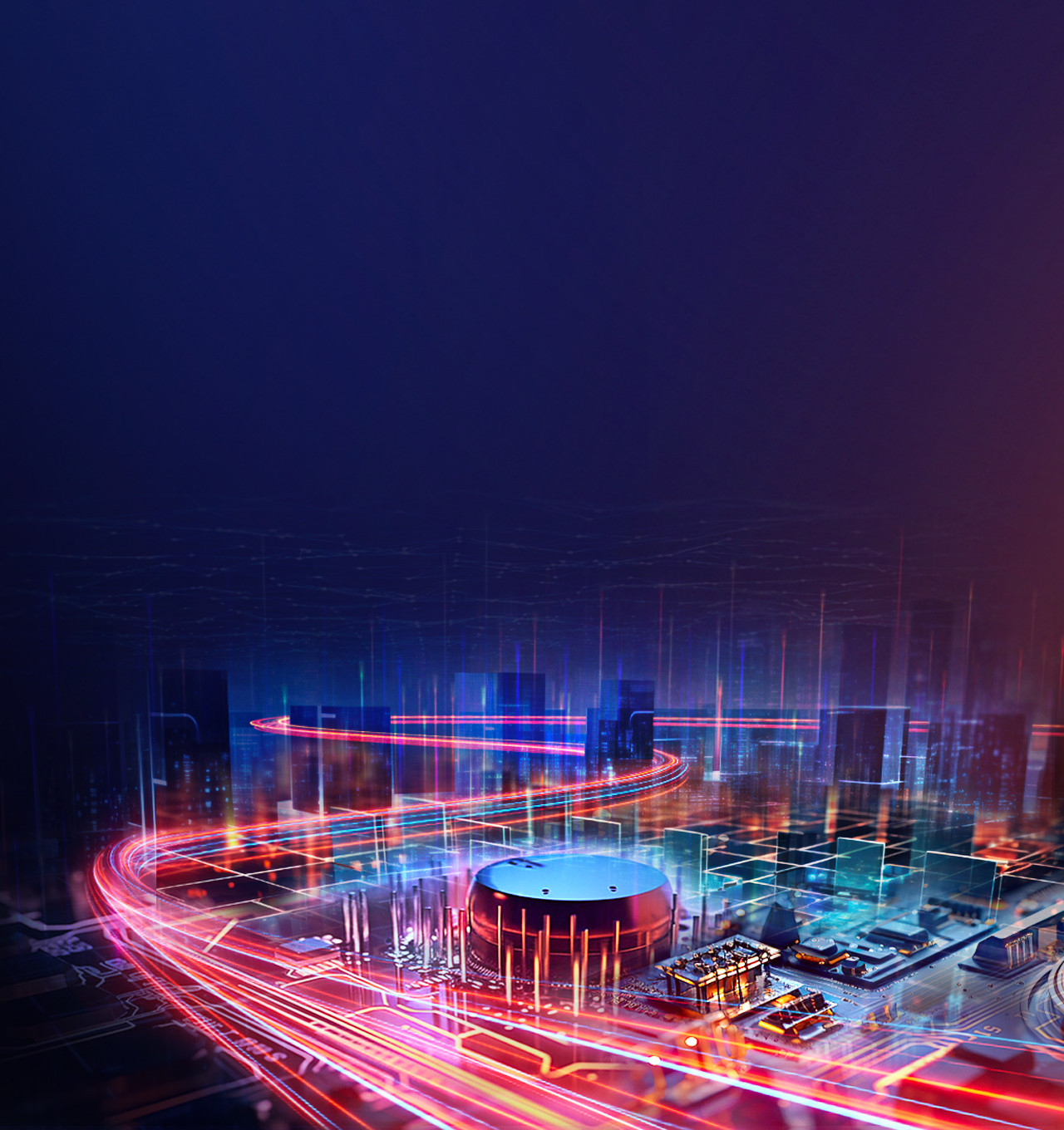 A vibrant cityscape illuminated by colorful neon lights, showcasing the dynamic energy of CUBE's Content Infrastructure