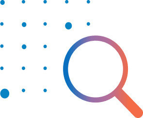 A magnifying glass and dots on a white background, illustrating the thorough investigation of CUBE's enterprise solution offerings